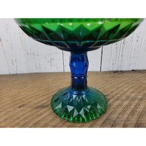 Vintage Jeannette Glass Compote Flash Paint Blue Green Ombre Pedestal Candy Dish